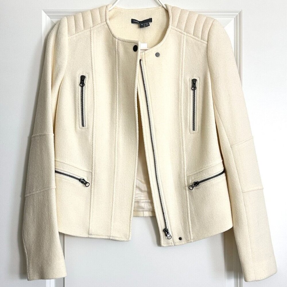 Women's NWT VINCE Wool Blend Moto Jacket in Off-White Size 4